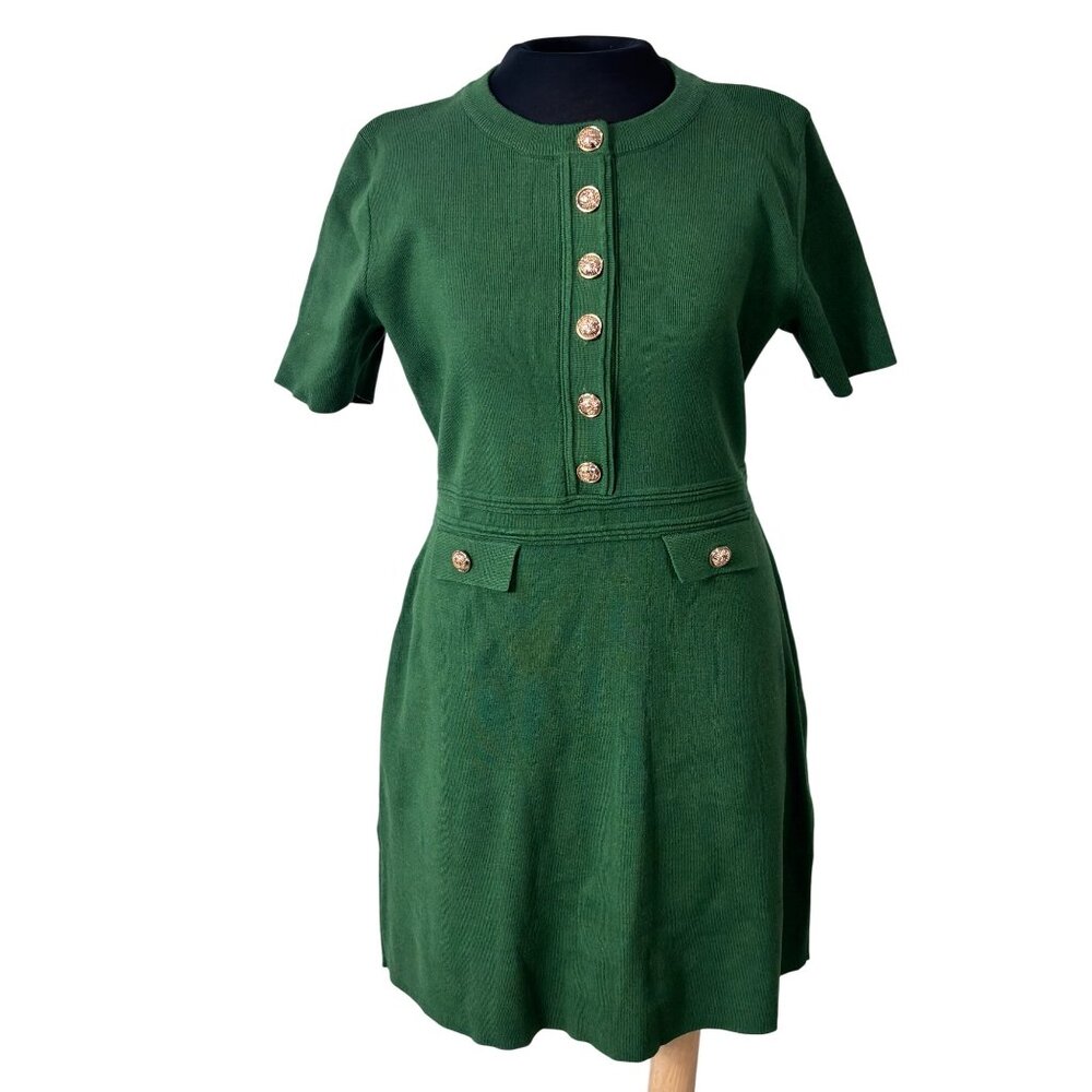 Merokeety Green Short-Sleeve Knee-Length Dress With Gold Button Accents Ribbed D